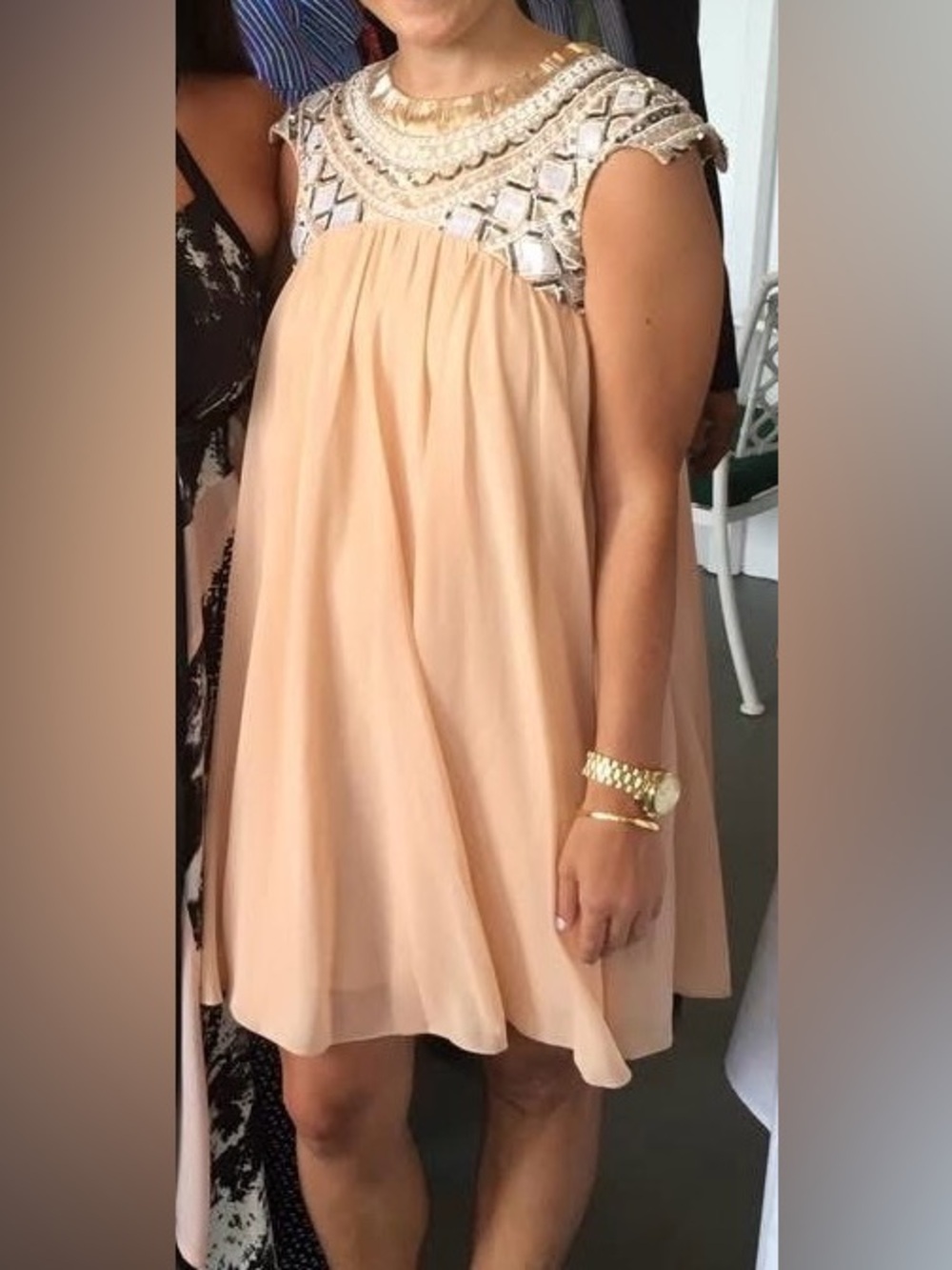 AKA New York Beaded Tan Cocktail Dress